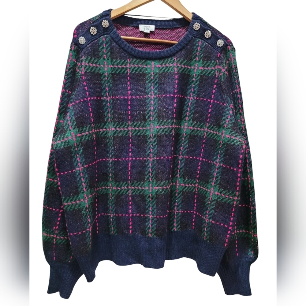 XXL Plaid Multicolor Rhinestone Crewneck Sweater - Picture 1 of 6